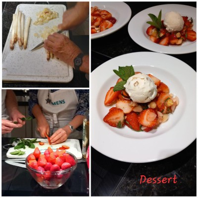 Dessert mit Spargel, Erdbeeren und Walnusseis in der Kochschule von Herbert Frauenberger